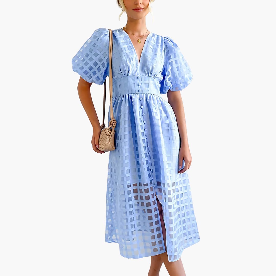 Women’s Midi Dress with Grid Overlay and Buttons