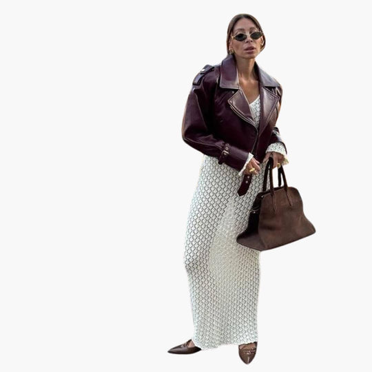 Women’s Cropped Biker Jacket with Front Buttons and Collar