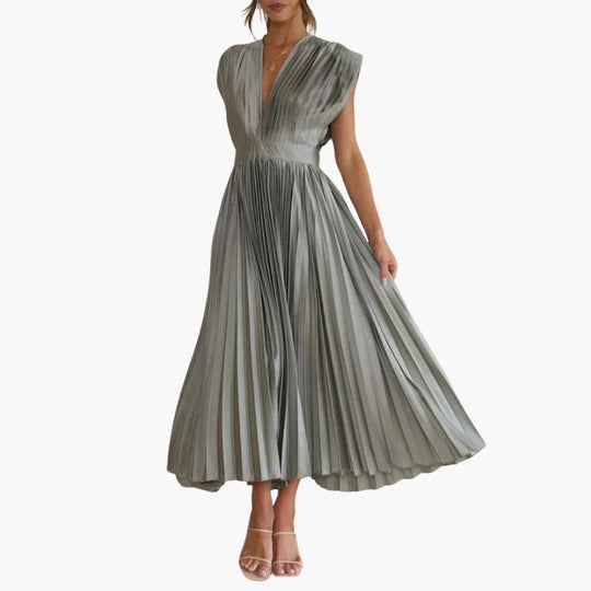 Women’s Midi Dress with Pleated Design and Cap Sleeves