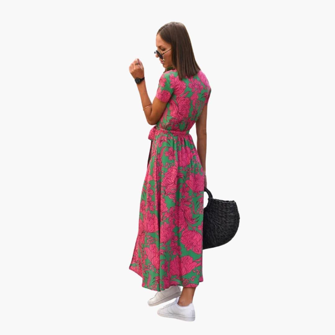 Women's Floral Midi Dress with Wrap Design and Tie Waist