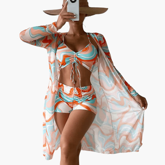 Women’s Beachwear Set with Kimono and High-Waisted Shorts