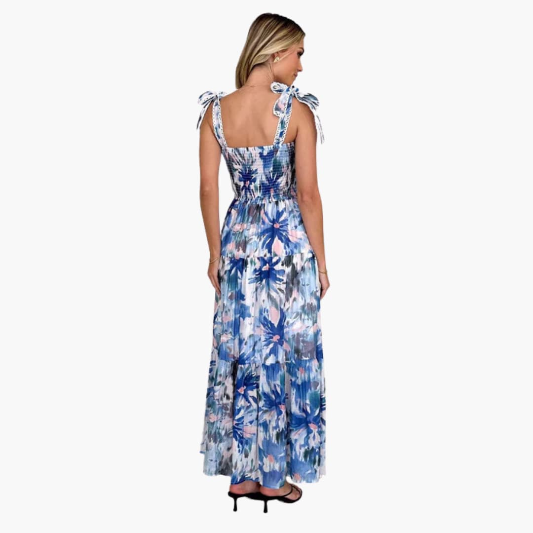 Women's Maxi Dress with Shirred Bodice and Tie Straps