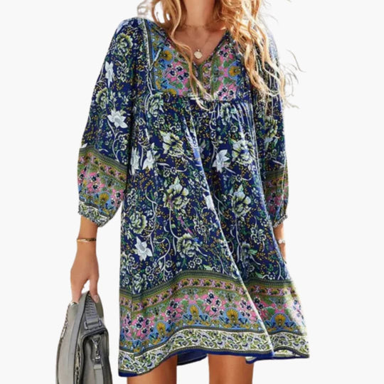 Women's Knee-Length Dress with V-Neck and Long Sleeves