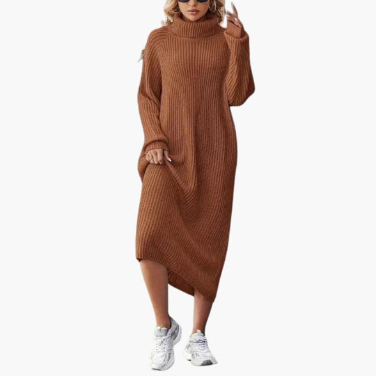 Women's Midi Dress with Turtleneck and Side Slits