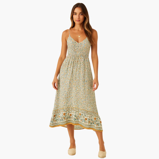 Women's Maxi Dress with Boho Floral Print and Thin Straps