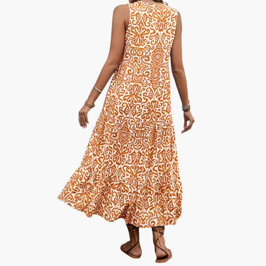 Women's Midi Dress with V-Neck and Abstract Floral Print