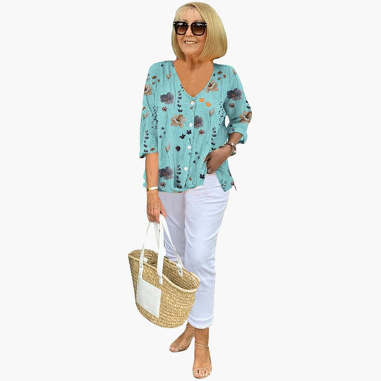 Women's Blouse with V-Neck and Three-Quarter Sleeves