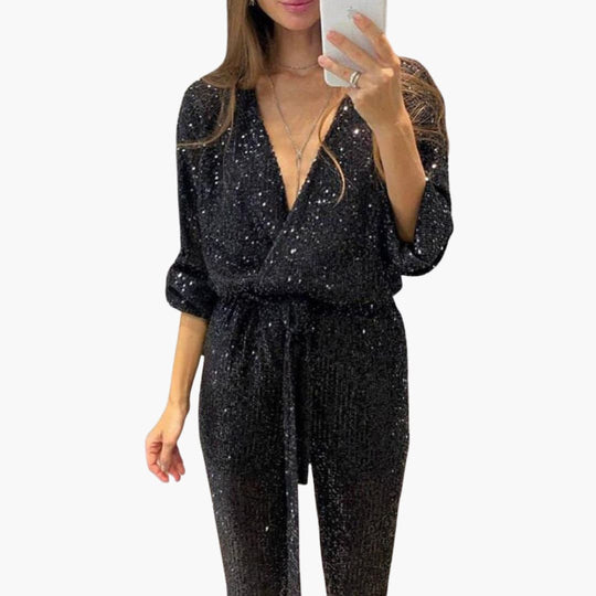 Women’s Sequin Jumpsuit with Long Sleeves and Tie Waist