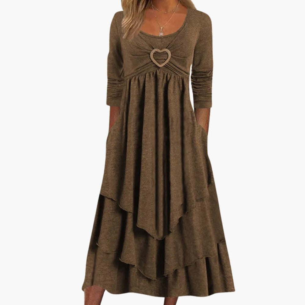 Women's Long Sleeve Midi Dress with Round Neckline and Tiered Design