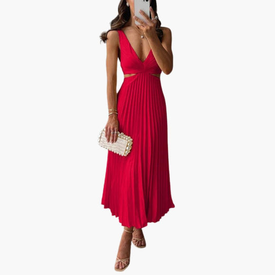 Women’s Midi Dress with Pleated Neckline and Structured Waist