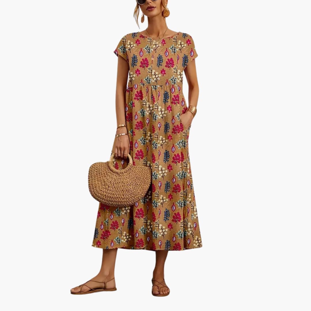 Women's Midi Dress with Side Pockets and Gathered Waist