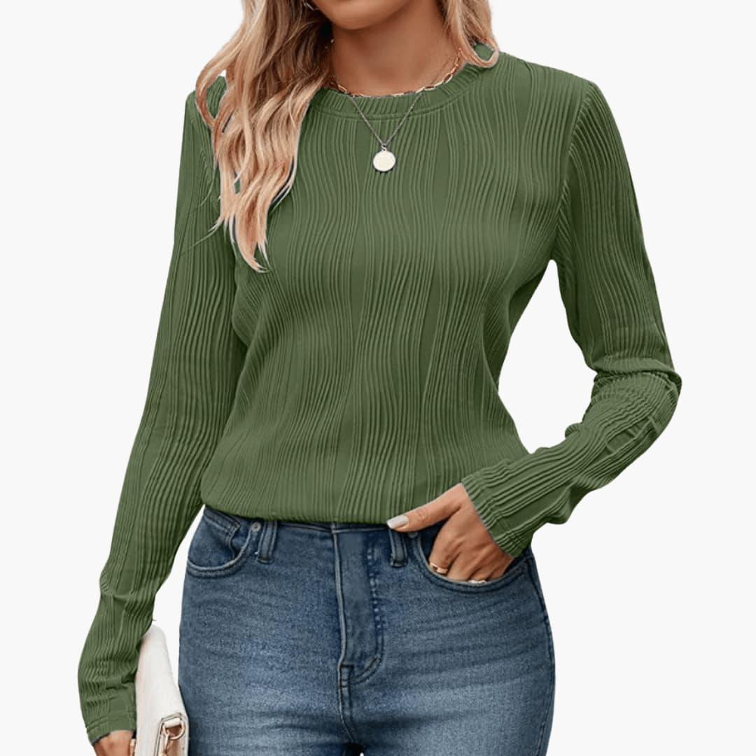 Women's Ribbed Long Sleeve Top with Round Neckline and Fitted Fit