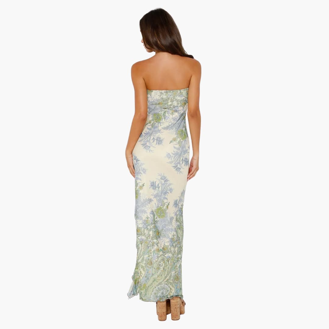 Women’s strapless maxi dress with high slit and floral print