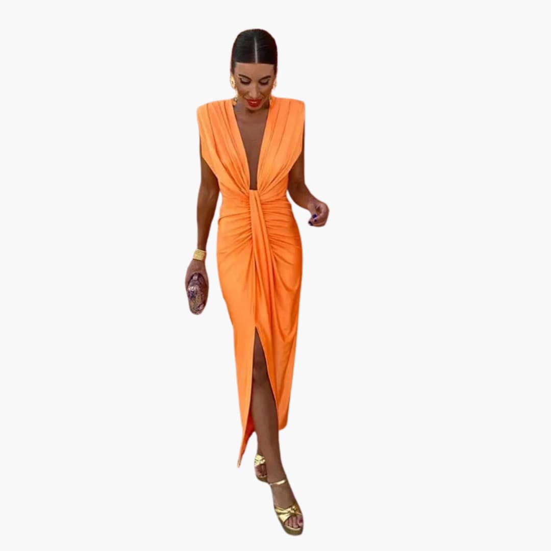 Women’s maxi dress with V-neckline and ruched waist