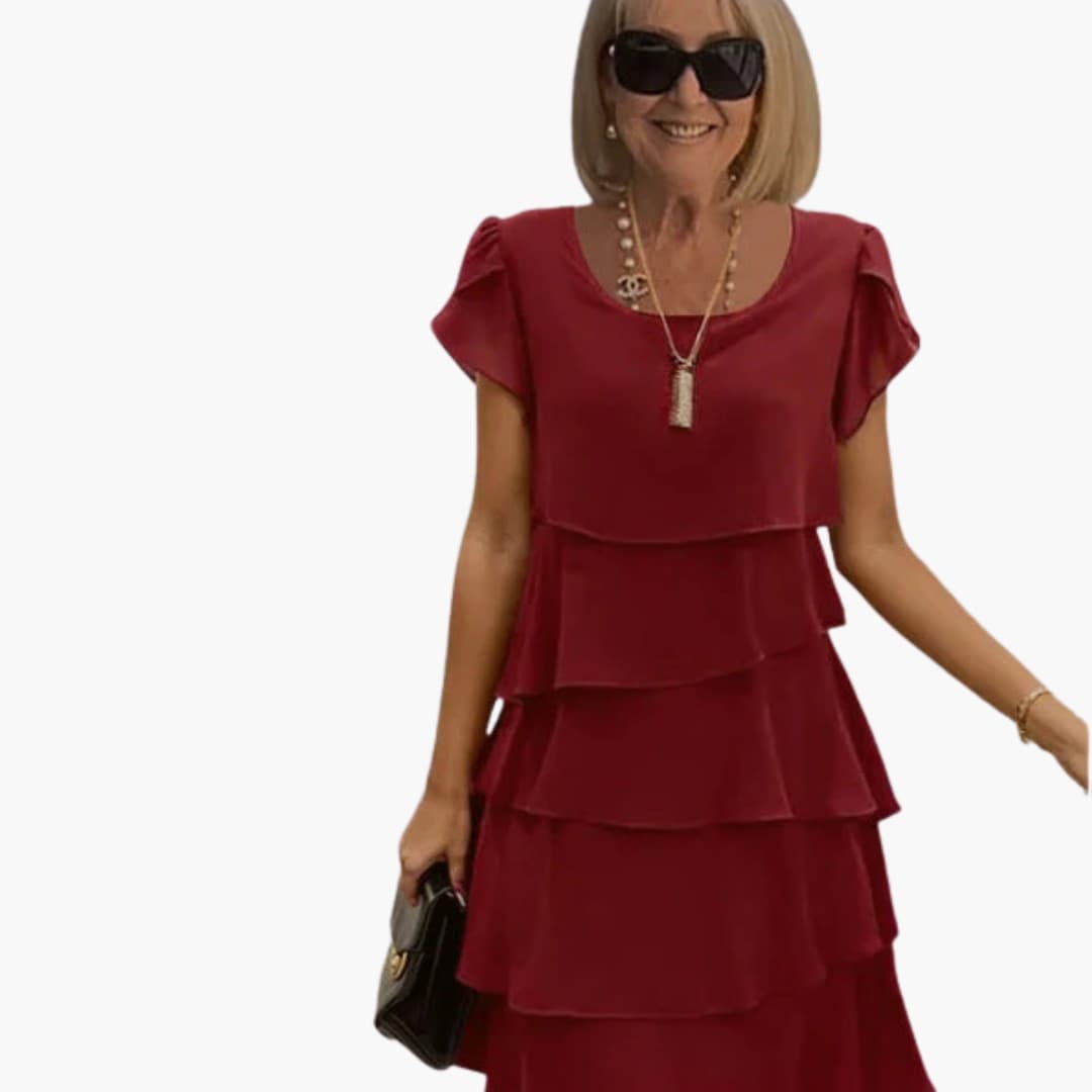 Women's Midi Dress with Round Neck and Tiered Skirt