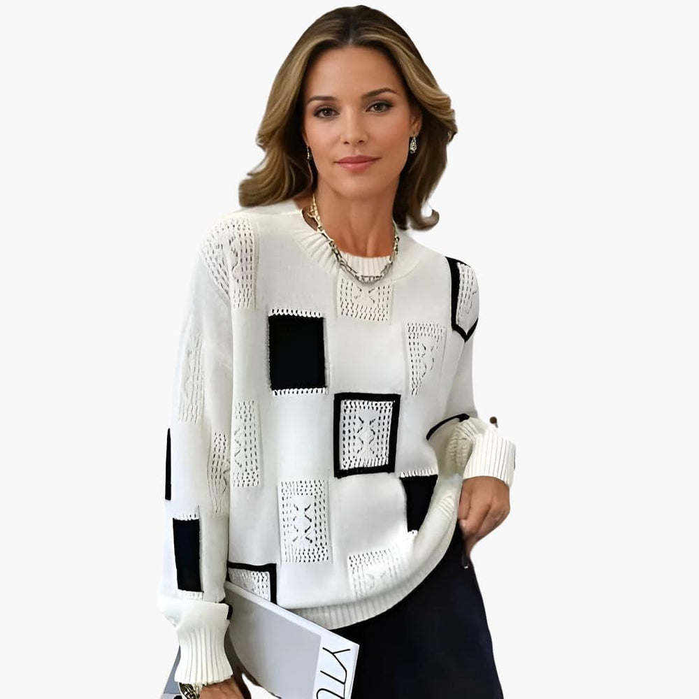 Women’s Patchwork Knit Jumper with Long Sleeves and Pullover Style