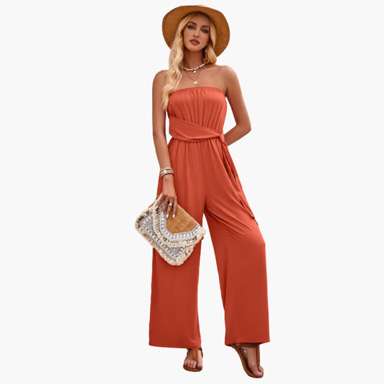 Women’s Strapless Jumpsuit with Waist Tie and Wide Legs