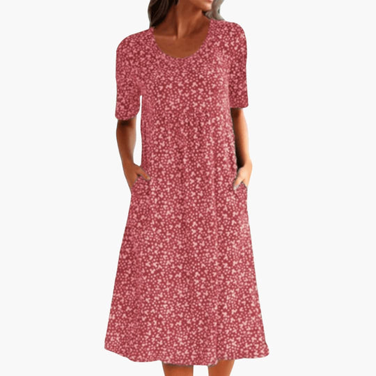 Women's Midi Dress with Round Neck and Side Pockets