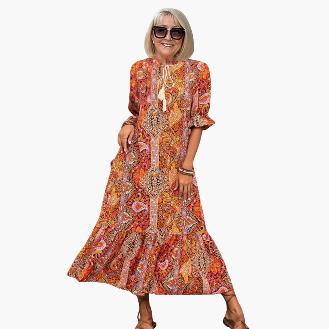 Women's Boho Midi Dress with Half Sleeves and Paisley Print