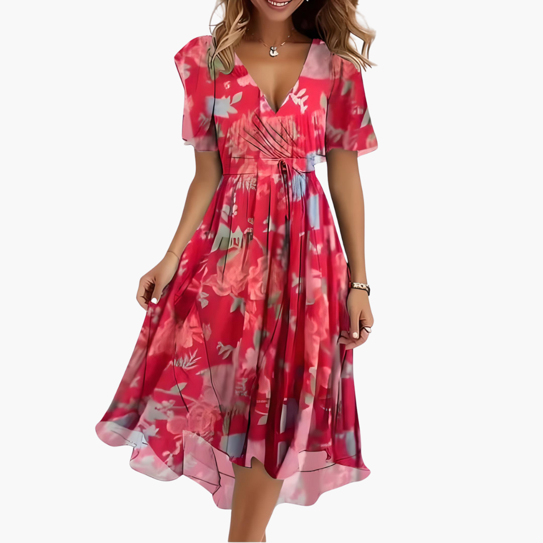 Women’s Midi Dress with V-Neckline and Flutter Sleeves