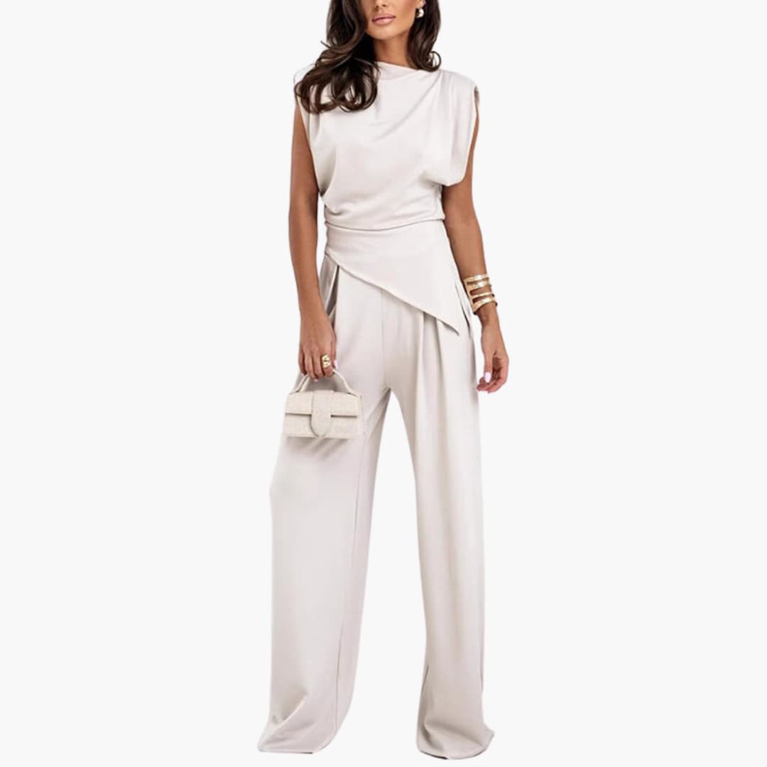 Women’s Two-Piece Set with Draped Top and Wide-Leg Trousers