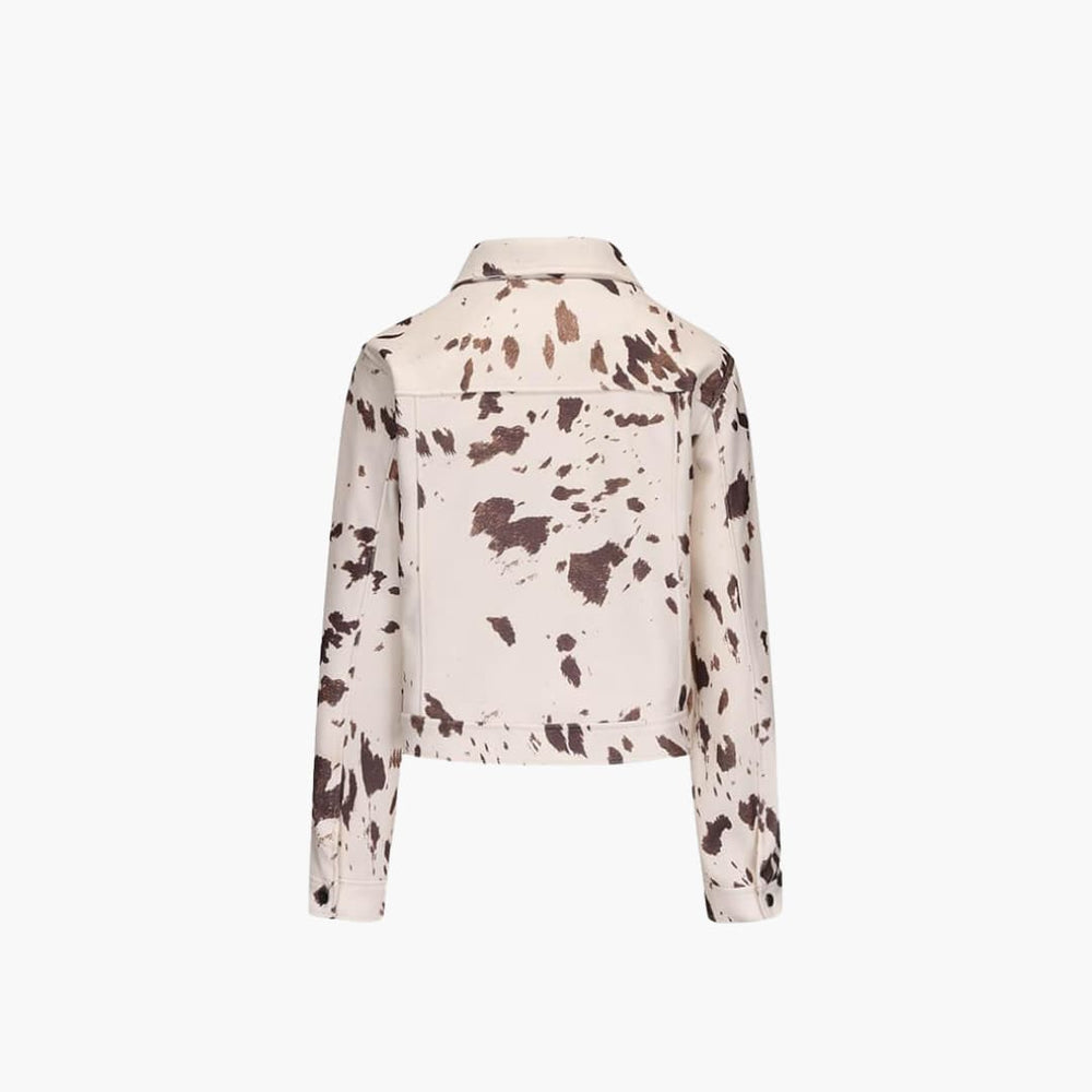 Women’s Denim Jacket with Cow Print and Button-Up Front