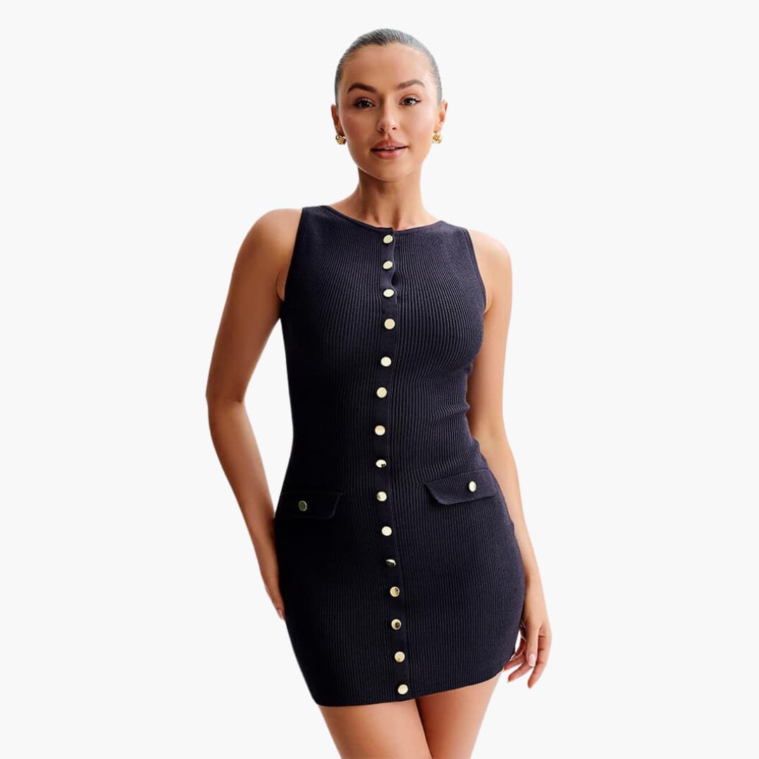 Women's Mini Dress with Button Fastening and Ribbed Texture