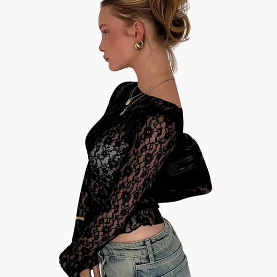 Women's Blouse with Sheer Lace Design and Long Sleeves