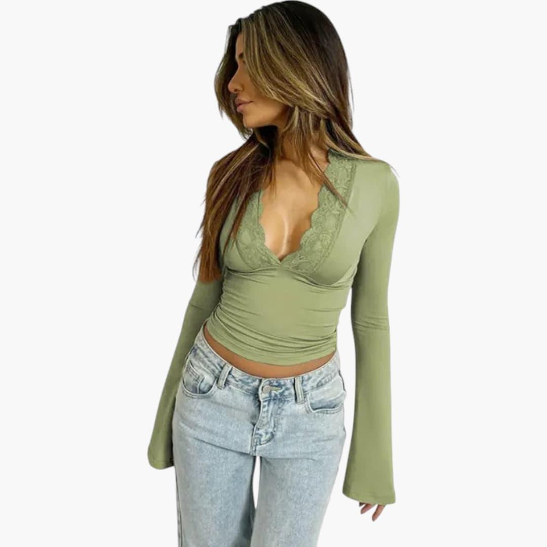 Women's Lace Flare Top with V-Neckline and Semi-Cropped Hem