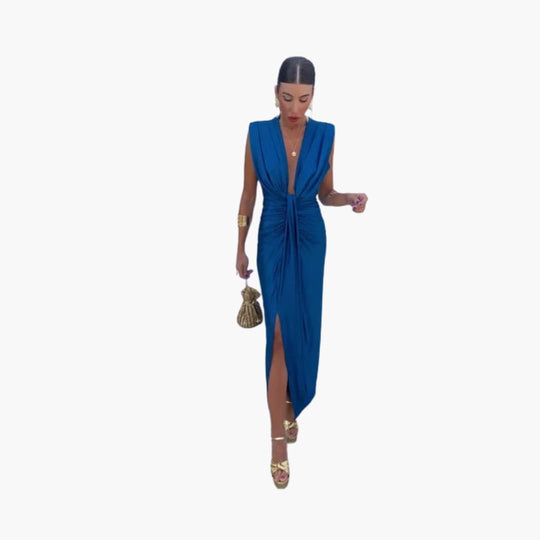 Women’s Midi Dress with Pleated Front and Slit