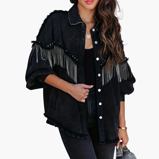 Women’s Denim Jacket with Buttons and Fringe