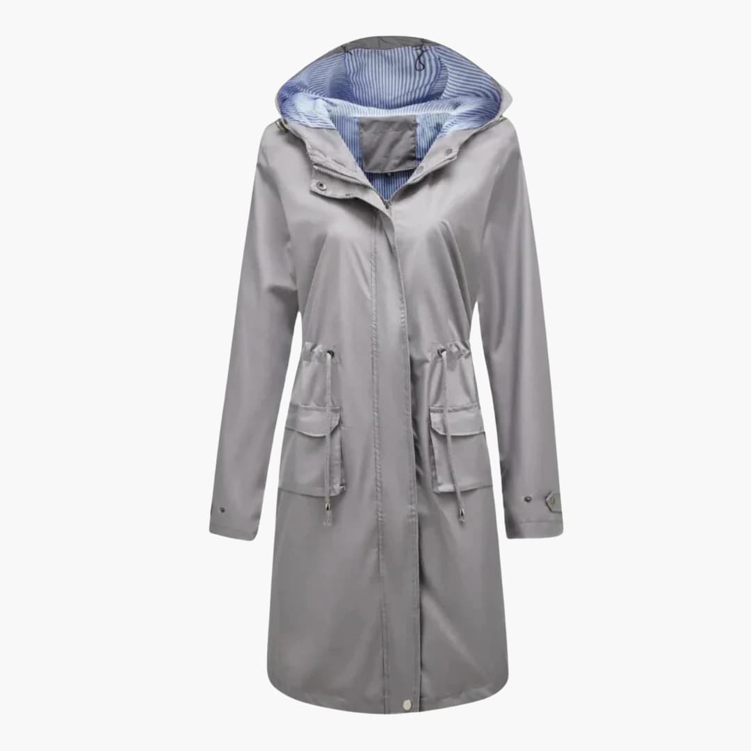 Women’s Hooded Trench Coat with Zip Closure and Drawstring Waist