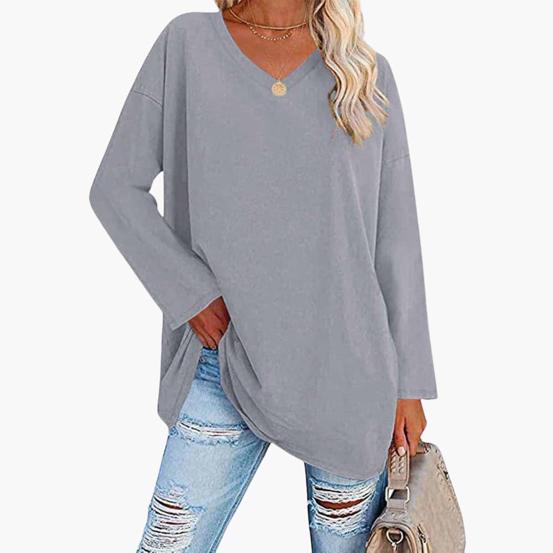 Women's V-Neck Blouse with Long Sleeves and Relaxed Fit