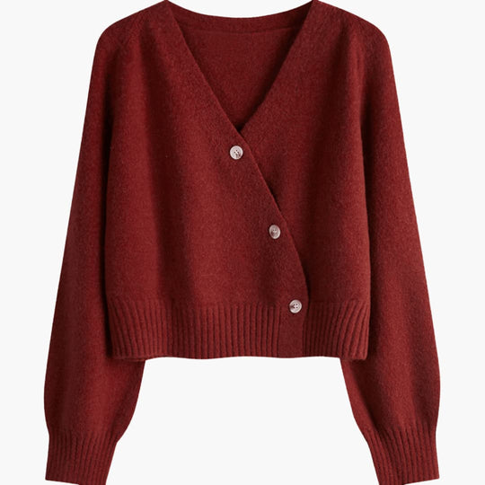 Women's V-Neck Buttoned Cardigan with Long Sleeves and Ribbed Hem