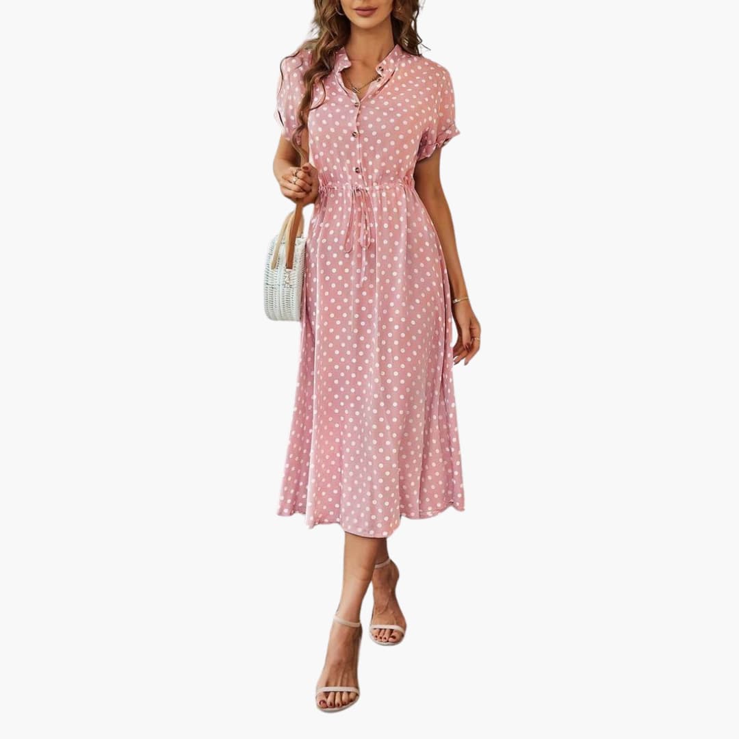 Women’s Midi Dress with Button-Through Front and Drawstring Waist