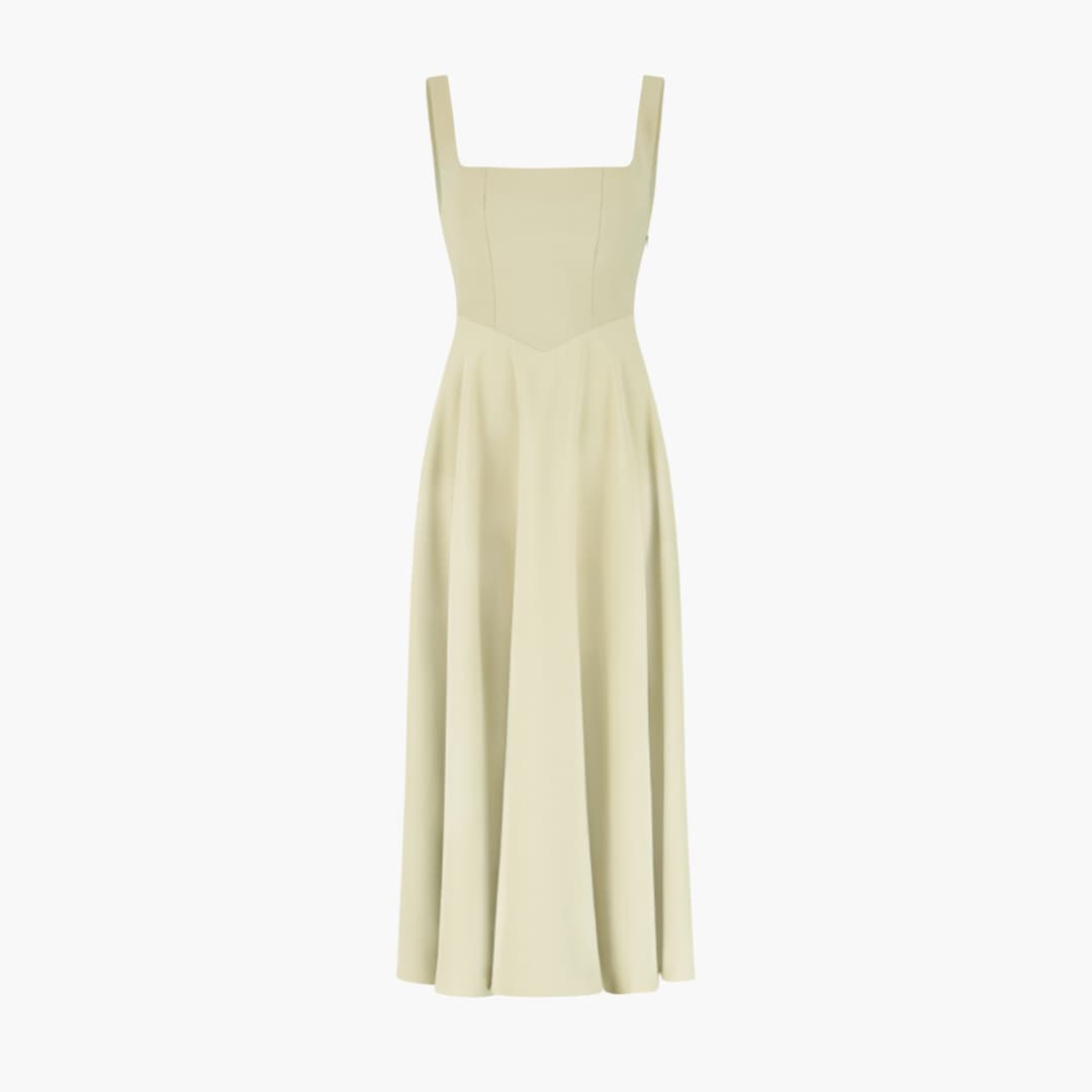 Women’s Midi Dress with Square Neckline and Flared Skirt