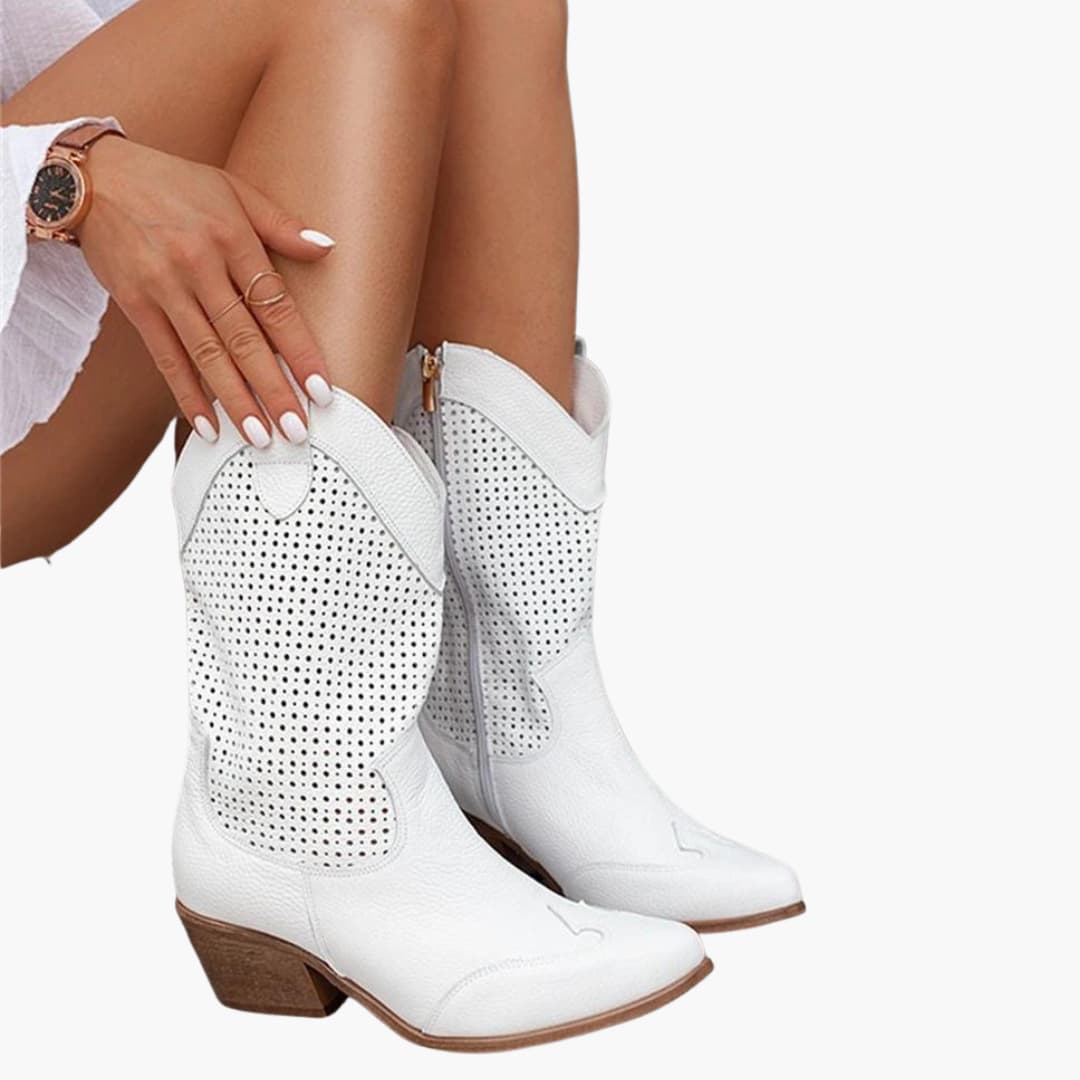 Women's Mid-Calf Boots with Perforated Upper and Low Block Heel