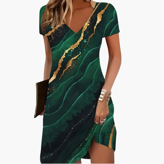 Women’s Short Dress with V Neckline and Asymmetric Hem