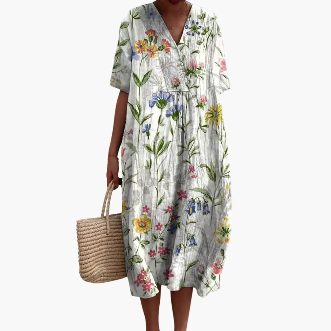 Women's Floral Midi Dress with V-Neck and Short Sleeves