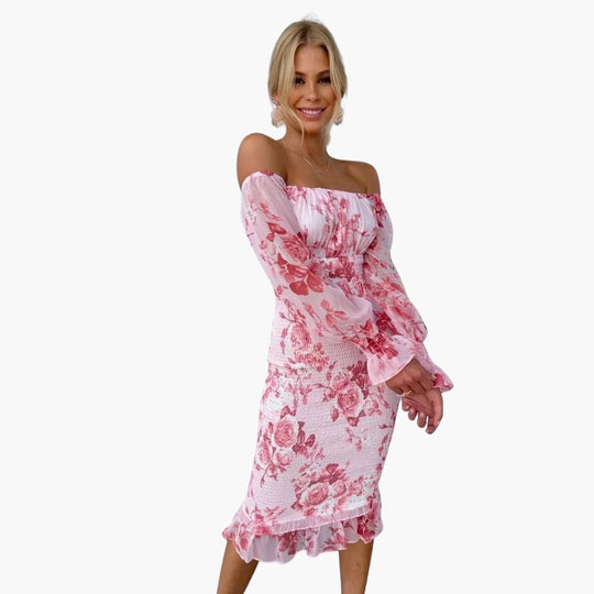 Women's Floral Midi Dress with Off-the-Shoulder Neckline and Sheer Sleeves