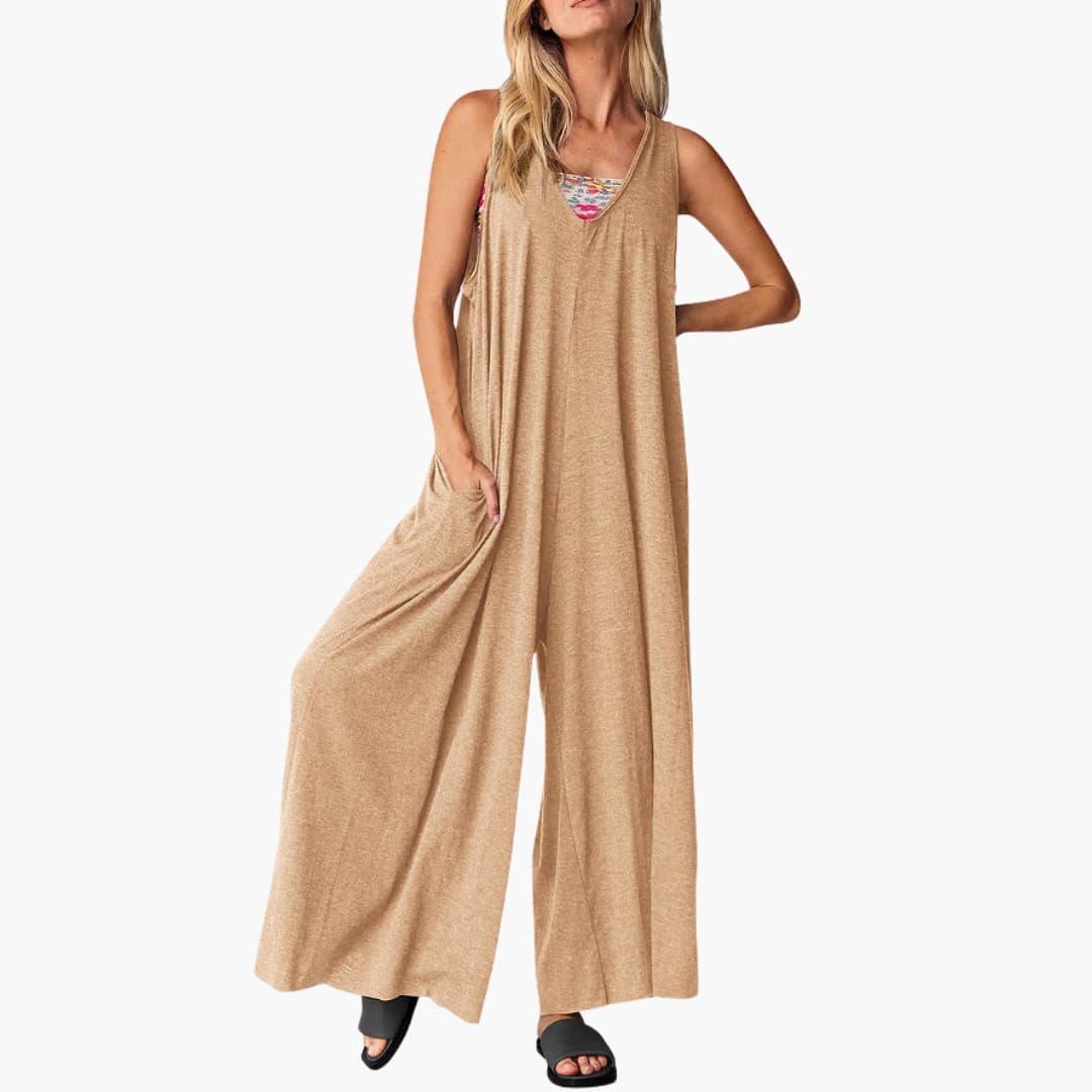 Women's Sleeveless Jumpsuit with V-Neckline and Wide-Leg Cut