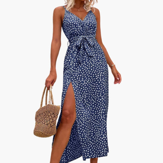 Women’s Long Beach Dress with V-Neckline and Tie Waist