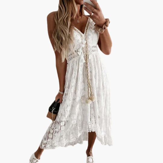 Women’s Lace Sleeveless Dress with V-Neckline and Tassel Tie