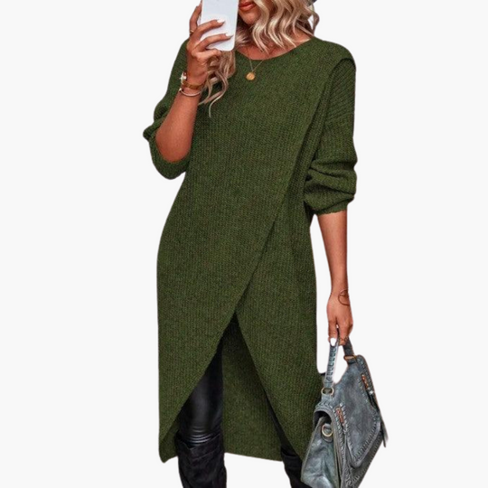 Asymmetrical Hem Sweater Dress - Women's Long Sleeve Knit - Made by Jessica