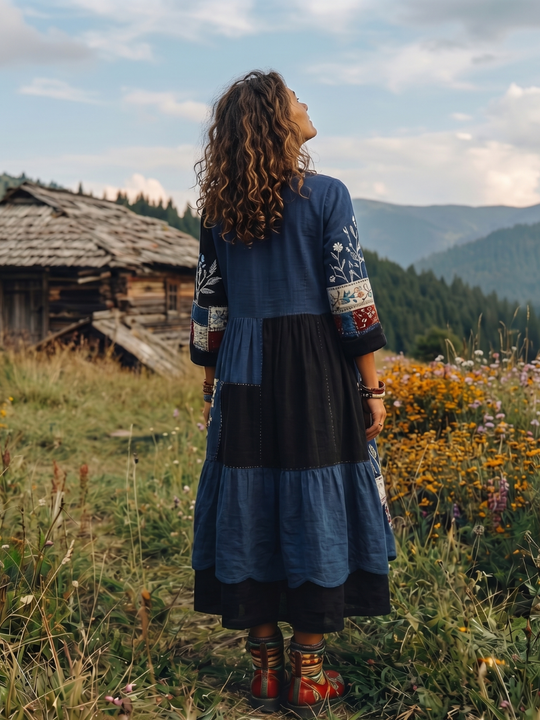 Alix | Embroidered Panel Long Sleeve Midi Dress