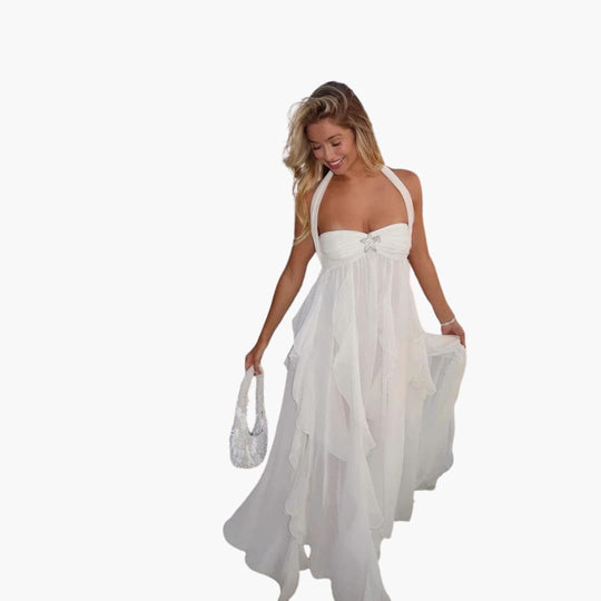 Women's Midi Dress with Halter Neckline and Open Back