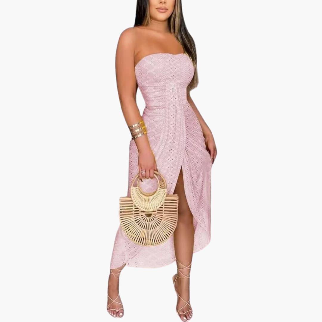 Women’s Strapless Midi Dress with Front Slit and Embroidery