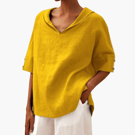 Women’s short sleeve blouse with V-neck and rolled sleeves