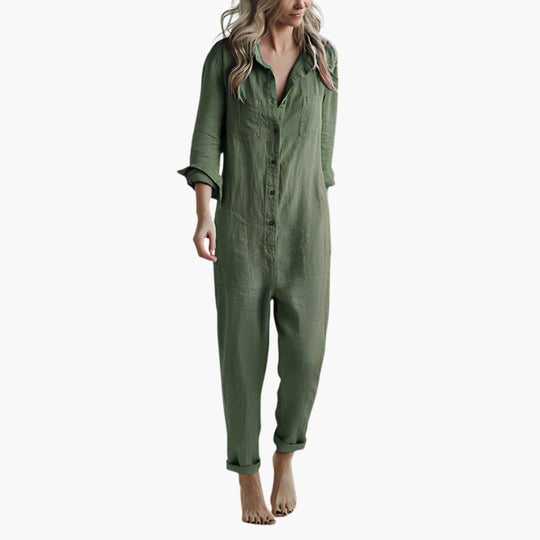 Women's Long Sleeve Jumpsuit with Button-Down Front and Chest Pockets