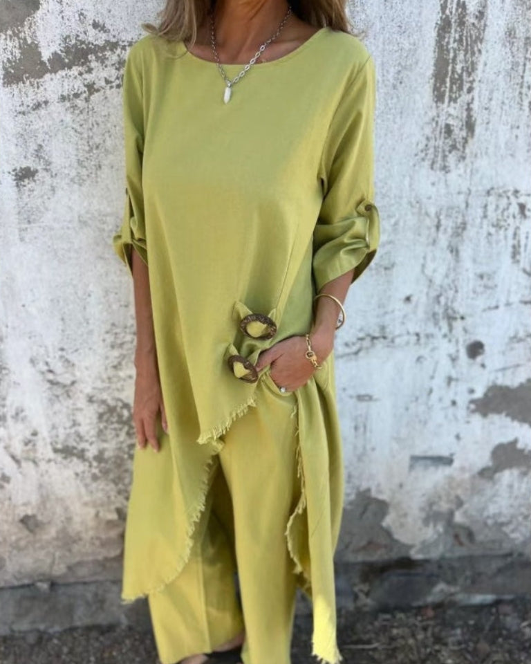 Women's Linen Blend Set with Relaxed Fit and Practical Pockets